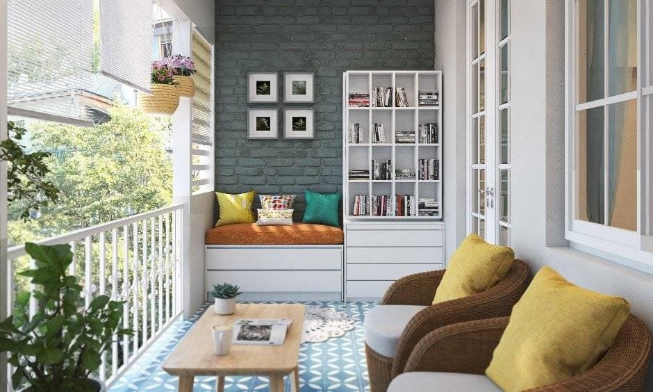 blue and white balcony design with multifunctional furniture