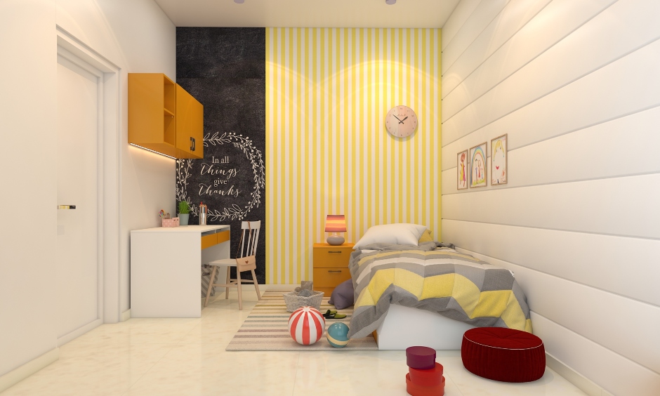 kids bedroom with bed and white desk